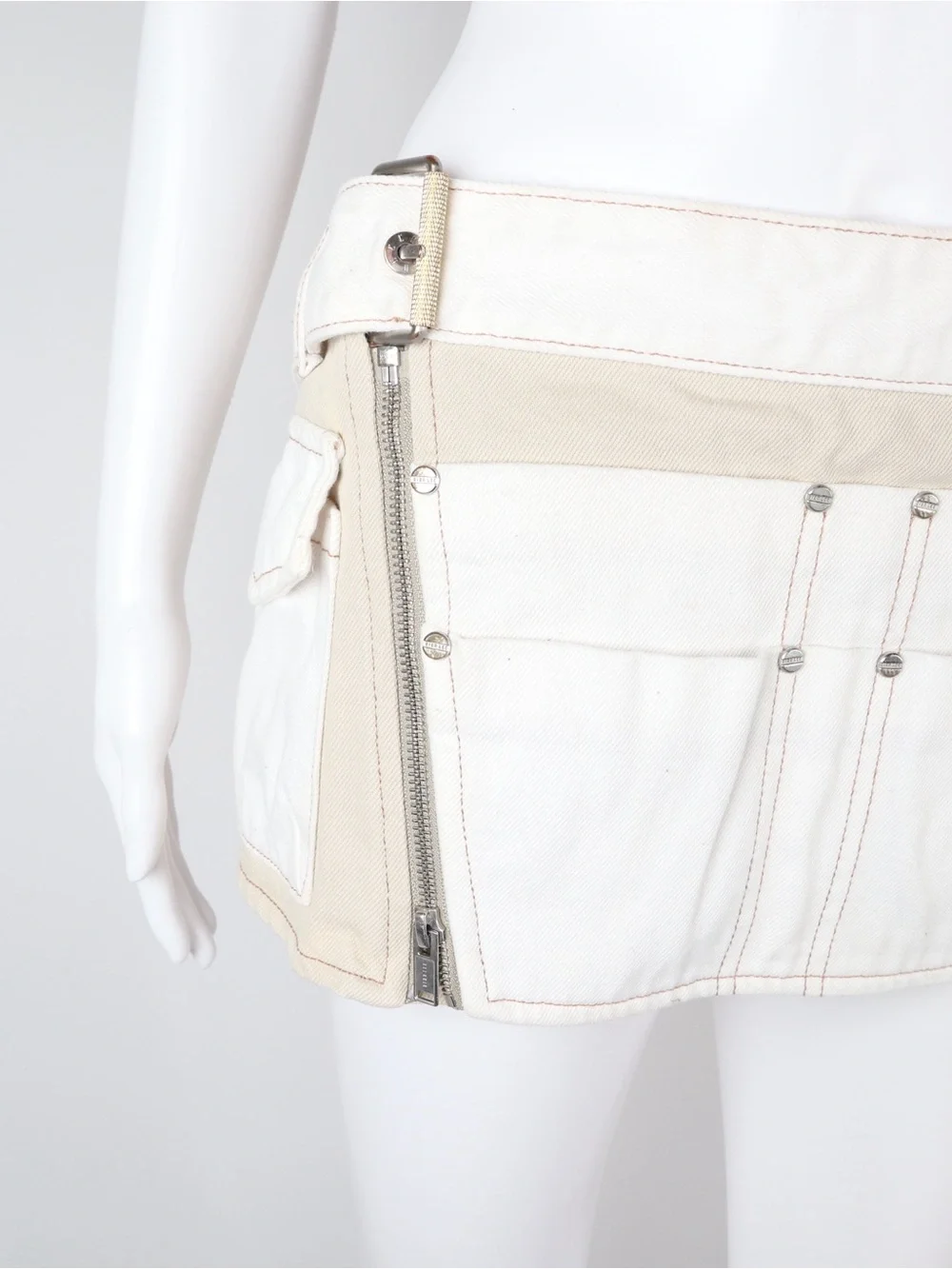 DION LEE | Beige & White Denim Mini Skirt | Size 4